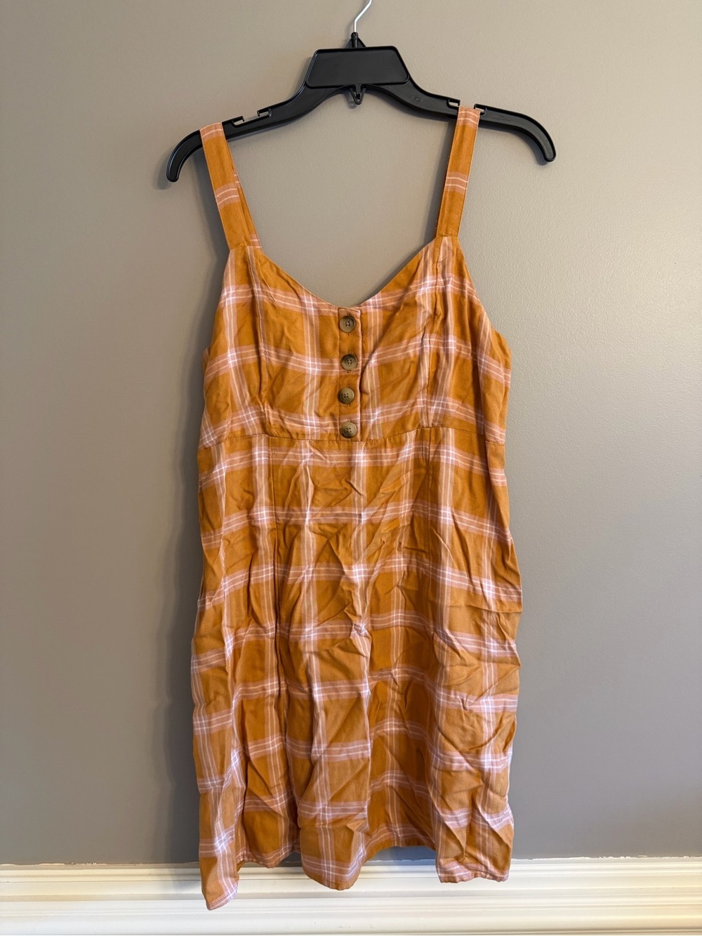 American Eagle Yellow Mustard Plaid Button Front Sundress Smocked Back Medium
